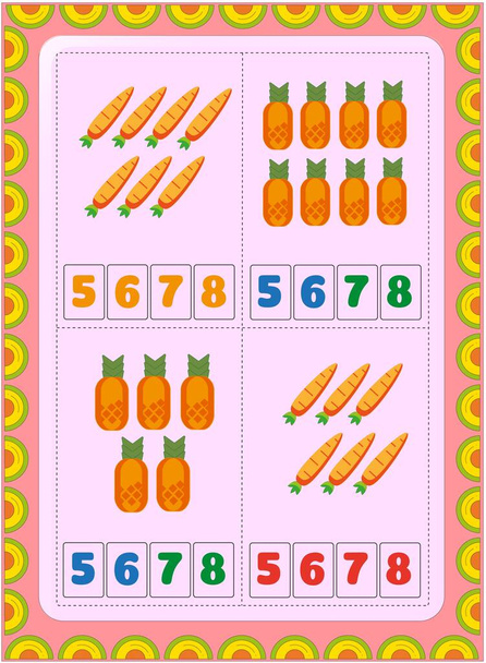 Matematica prescolare e infantile con disegno di ananas e carote - Vettoriali, immagini