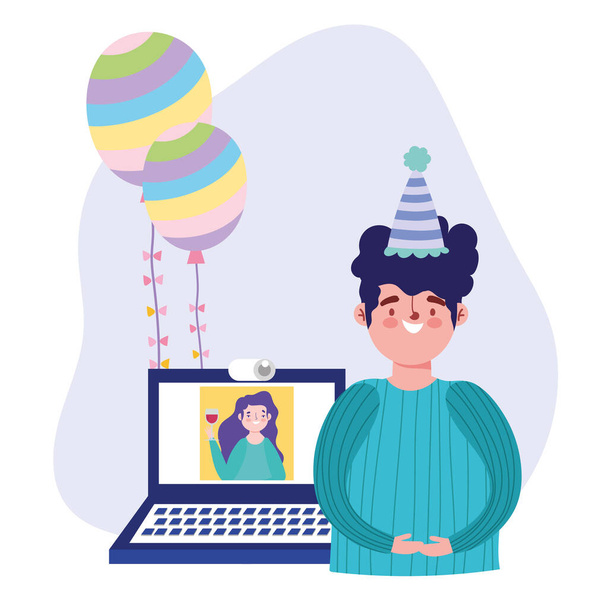 online πάρτι, γενέθλια ή συνάντηση φίλων, γιορτάζοντας τον άνθρωπο με συνδεδεμένο laptop γυναίκα - Διάνυσμα, εικόνα