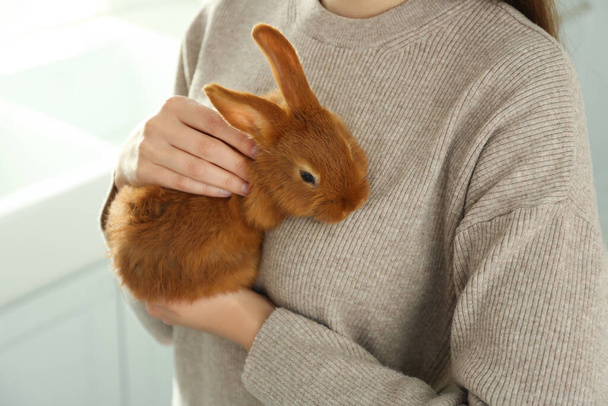 Young woman with adorable rabbit indoors, closeup. Lovely pet - Fotó, kép
