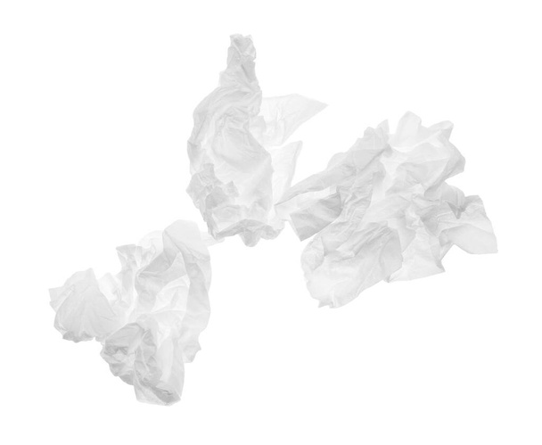 Used crumpled paper tissues isolated on white, top view - Photo, Image