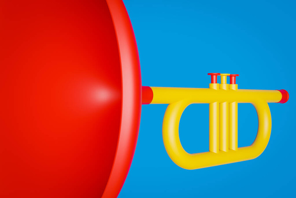 3D εικονογράφηση ενός μουσικού οργάνου τρομπέτας σε κίτρινο-κόκκινο χρώμα σε στυλ κινουμένων σχεδίων σε ένα μπλε απομονωμένο φόντο. - Φωτογραφία, εικόνα
