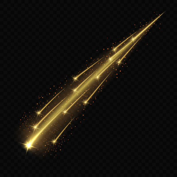 Meteor or comet on transparent background. Gold light effect - Vector, afbeelding