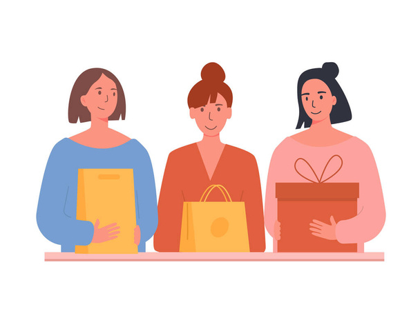 Happy girlfriends received delivery. Friends received gift box. Woman with shopping bags and boxes. Concept for e-commerce website, online retail shop. Vector flat illustration on white background.  - Vector, Image