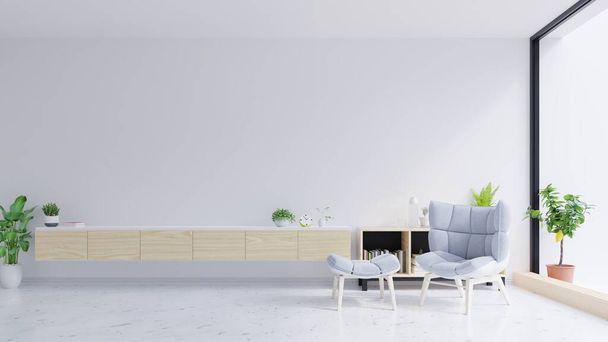 Gabinete de televisión y silla gris en la pared de hormigón con suelos de mármol, 3d render
 - Foto, Imagen