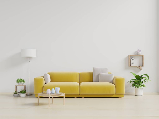 Wohnzimmer mit stoffgelbem Sofa, Lampe und grüner Pflanze in Vase auf weißem Wandhintergrund. 3D-Darstellung - Foto, Bild