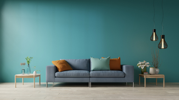 Μπλε σαλόνι με καναπέ και τραπέζι, 3d απόδοση - Φωτογραφία, εικόνα