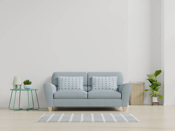 Μοντέρνο σαλόνι εσωτερικό με καναπέ και πράσινα φυτά, λάμπα, τραπέζι σε λευκό φόντο τοίχο. 3d απόδοση - Φωτογραφία, εικόνα