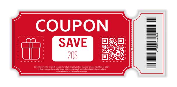 Coupon with real barcode and QR code for 20 percent off sale for stores, trade and business. Simple design - ベクター画像