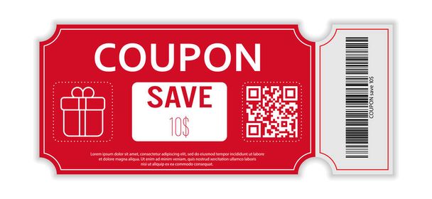 Coupon with real barcode and QR code for 10 percent off sale for stores, trade and business. Simple design - Vetor, Imagem