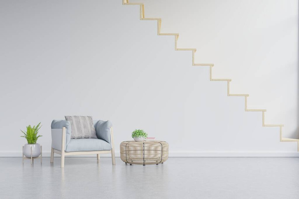 Sala de estar interior mockup parede com bronzeado poltrona azul na parede com escadas. Renderização 3D
 - Foto, Imagem