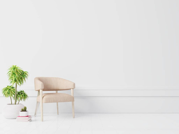 Интерьер имеет кресло на пустом белом фоне стены, 3D рендеринг - Фото, изображение