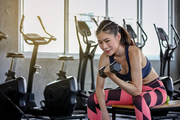Concept fitness sport training lifestyle. Girl lifting dumbbells. Active sport athletic woman with dumbbells pumping up muscles body. - 写真・画像