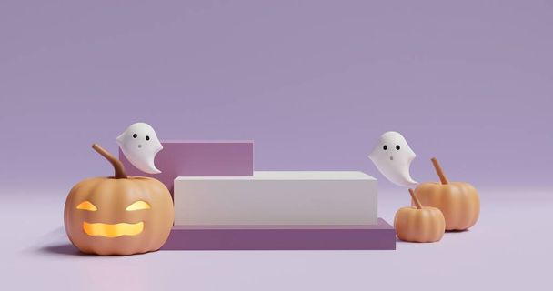 Podium de Halloween com abóboras e fantasmas bonitos, renderização 3d
 . - Foto, Imagem