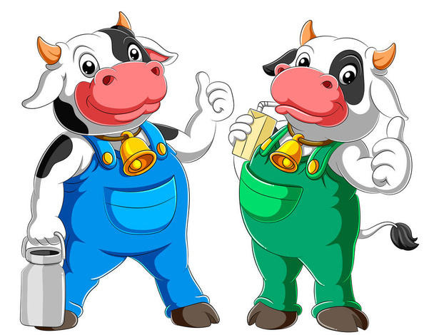Két tehén rajzfilm áll és iszik tej illusztráció - Vektor, kép