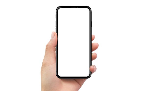 Geïsoleerde menselijke linkerhand met zwarte mobiele smartphone apparaat mockup witte achtergrond - Foto, afbeelding