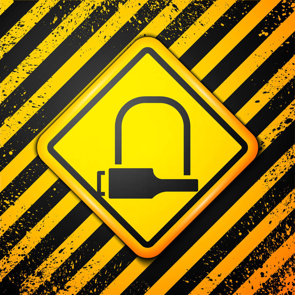 Czarny zamek rowerowy ikona przemysłowa w kształcie litery U izolowana na żółtym tle. Znak ostrzegawczy. Ilustracja wektora. - Wektor, obraz