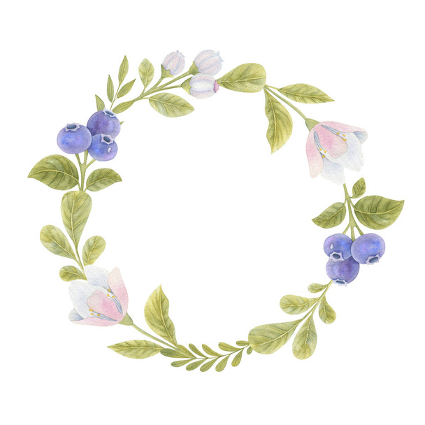 Aquarel rond frame met bosbessen, bloemen en bladeren. Heldere illustratie met ruimte voor tekst. - Foto, afbeelding