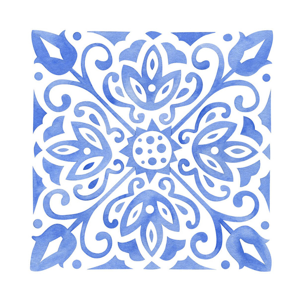 Watercolor blue ornament in ethnic style. Bright floral composition. Tile design. - Photo, Image