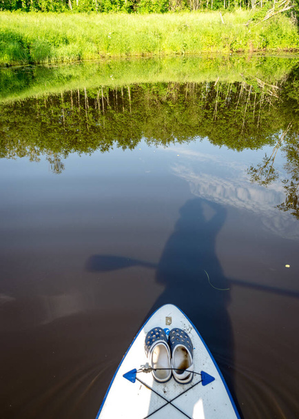 vue de la planche de padlle debout sur le rivage d'une petite rivière sauvage, vue sur la rivière sauvage verte, reflets dans l'eau de la rivière, été - Photo, image