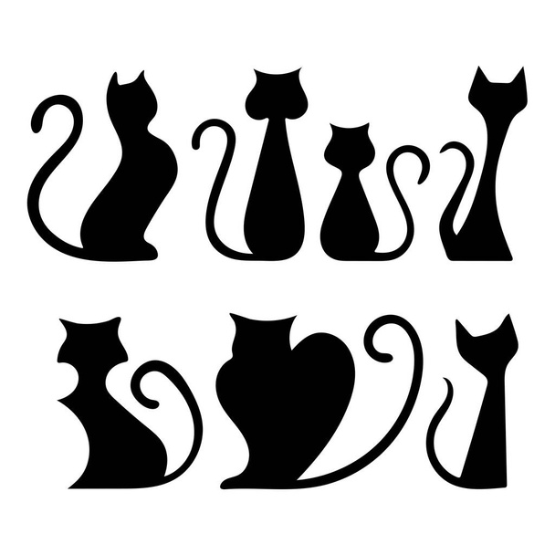 Gatti. Set di illustrazioni vettoriali di sagome di gatti neri. Grafica di disegno gatti diversi. - Vettoriali, immagini