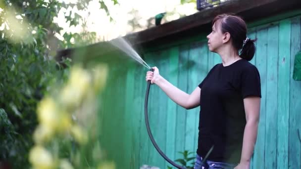 Woman watering the garden from hose. Female spraying water on vegetables with a garden hose. A happy woman with a hose takes care of the garden. Concept: gardening and garden care - Кадры, видео