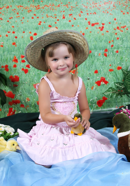 Hermosa chica en un sombrero de paja alimentado pato
 - Foto, imagen