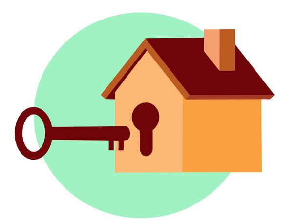 sale house. a small house with a keyhole and a key on a green background - Vektor, kép