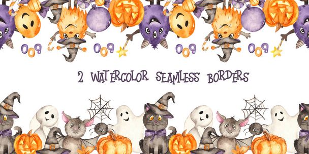 Monster, Geister, Katze, Kürbisse. Nahtlose Aquarellbänder zu Halloween - Foto, Bild