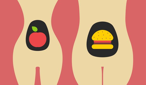 Иллюстрация здоровой и нездоровой пищи, сравнение двух женских тел стройных и жирных
 - Вектор,изображение