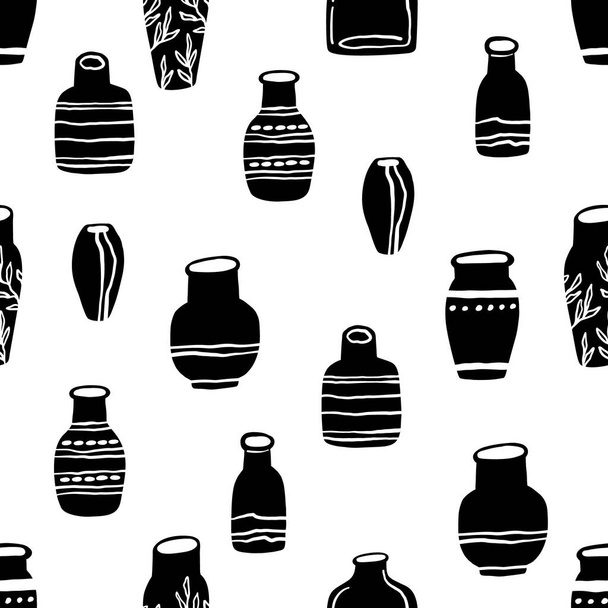 Schwarz-weiße Vasen nahtloses Muster. Interieur Dekor Hintergrund. Flache handgezeichnete Illustration.  - Vektor, Bild