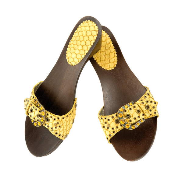 Snake leather wooden wedge yellow sandals - Photo, Image