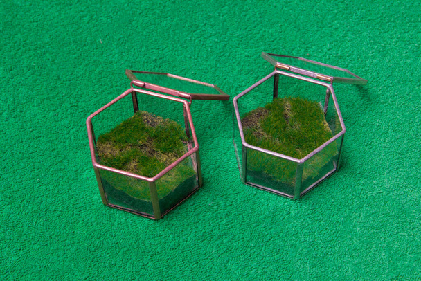 skleněné šperkovnice krabice se zelení na zeleném pozadí, detailní záběr. - Fotografie, Obrázek