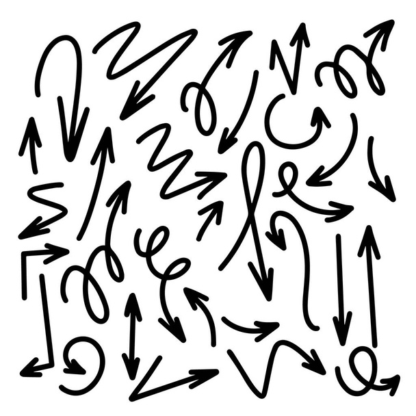 Ensemble de flèches noires dessinées à la main. Illustration vectorielle. Isolé sur fond blanc - Vecteur, image