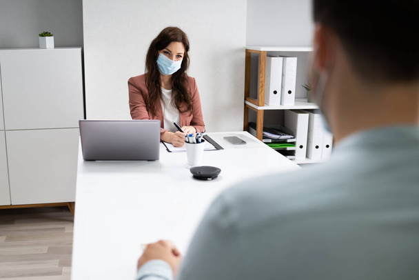 Job Interview Business Meeting At Law Office Wearing Face Mask - Foto, Imagen