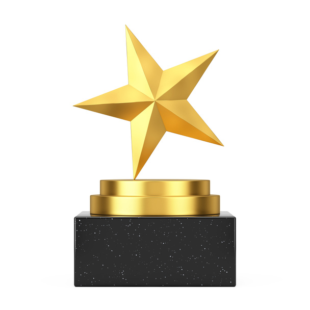 Winnaar Award Cube Gold Podium, Stage of Pedestal met Golden Award Star op een witte achtergrond. 3d Rendering - Foto, afbeelding
