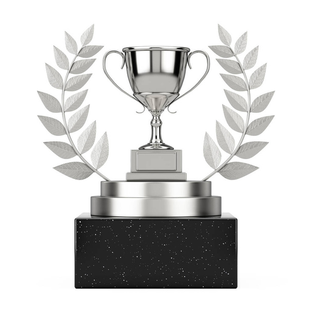 Prémio Vencedor Cubo Prateado Laurel Podium, Palco ou Pedestal com Troféu Silver Award sobre fundo branco. Renderização 3d
 - Foto, Imagem