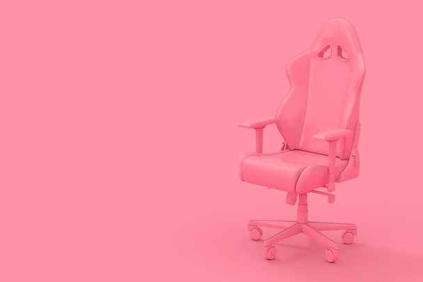 Professioneller moderner pinkfarbener Computerspielsessel im Duotone-Stil auf rosa Hintergrund. 3D-Darstellung - Foto, Bild