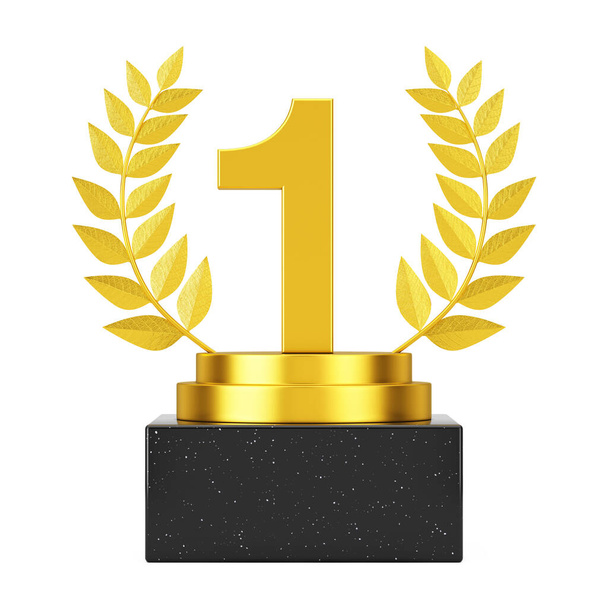 Premio Ganador Cubo de Oro Laurel Corona Podio, Escenario o Pedestal con Oro Número Uno o Primer Lugar sobre un fondo blanco. Renderizado 3d
 - Foto, imagen