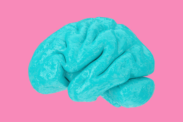 Anatomisch Model van Human Blue Brain in Duotone Style op een roze achtergrond. 3d Rendering - Foto, afbeelding