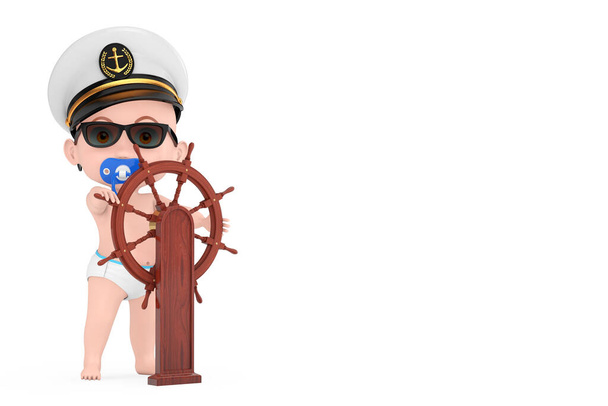 Pequeño marinero o capitán Concepto. Caricatura lindo bebé en oficial naval, almirante, Marina barco capitán sombrero cerca de madera barco volante con pie sobre un fondo blanco. Renderizado 3d
 - Foto, Imagen