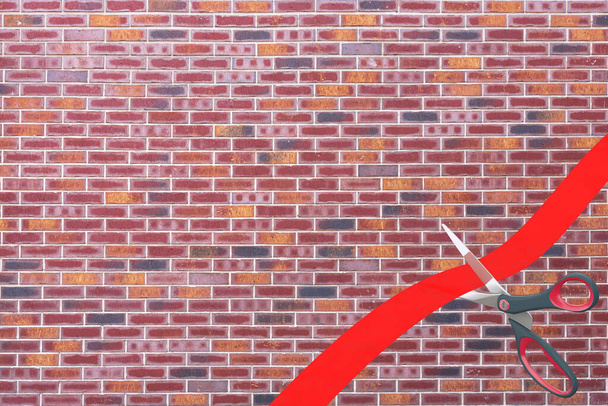 Ciseaux coupant le ruban rouge avec l'espace vide pour votre conception devant le fond de mur de brique. Rendu 3d - Photo, image