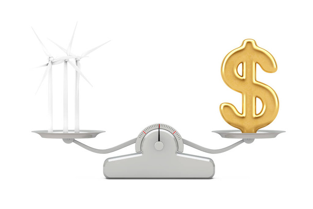 Rüzgâr türbinleri yel değirmenli Altın Dolar işareti beyaz arka planda basit bir ağırlık ölçeğinde dengeleniyor. 3d Hazırlama - Fotoğraf, Görsel