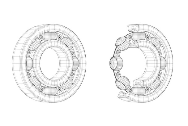 Набір ліній кульових підшипників з одним вирізом, де видно внутрішні частини на білому тлі. 3D рендерингу
 - Фото, зображення
