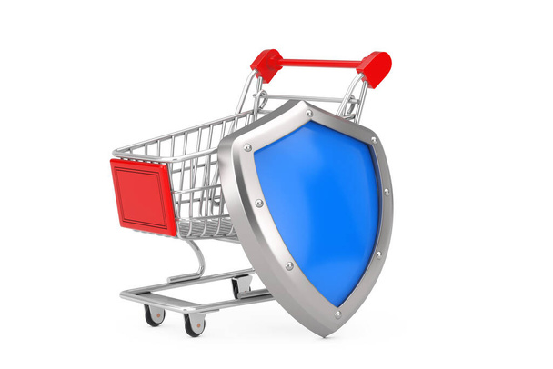 Koncepcja ochrony konsumentów. Koszyk z Blue Metal Shield na białym tle. 3d Renderowanie - Zdjęcie, obraz