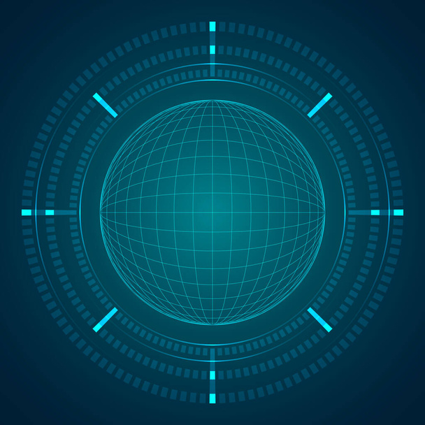 HUD sphere grid with 3 degree indicator on blue dark background digital screen. - Vector, Image