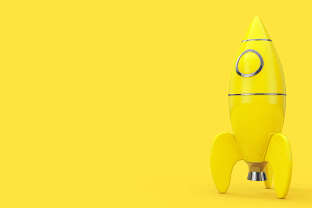 Juguete amarillo para niños Rocket en estilo duotone sobre un fondo amarillo. Renderizado 3d
 - Foto, Imagen