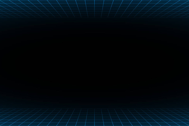One point perspective blue light over and under grid on dark background, copy space composition, 90s retro technology concept. - Vector, Image