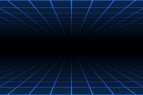 Una prospettiva punto luce blu sopra e sotto la griglia su sfondo scuro, copia la composizione dello spazio, concetto di tecnologia retrò anni '90. - Vettoriali, immagini