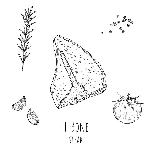 T-Bone steak. Vector cartoon illustration. Isolated object on a white background. Hand-drawn style. - Vetor, Imagem