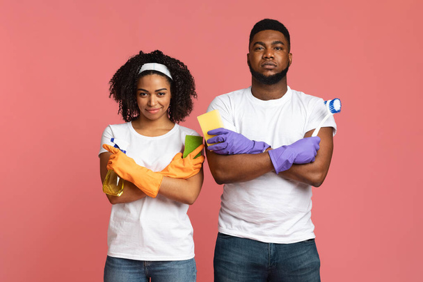 Confident African Couple With Cleaning Tools In Hands Posing With Folded Arms - Photo, Image